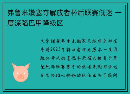 弗鲁米嫩塞夺解放者杯后联赛低迷 一度深陷巴甲降级区